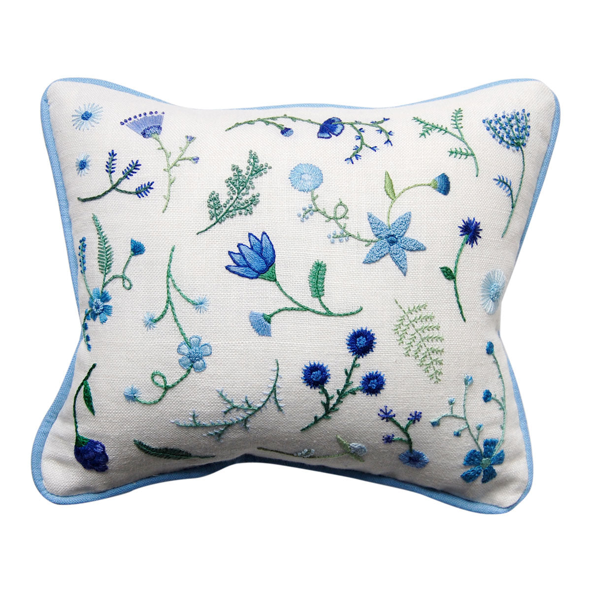 Hand Embroidered Blue Flowers with Green Stems Pillow