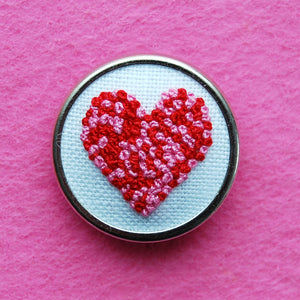 Hand Embroidered Pin - Heart 1 Red and Pink on White