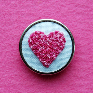 Hand Embroidered Pin - Heart 2 Pinks on White