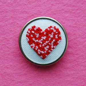 Hand Embroidered Pin - Heart 3 Red and Pink on White