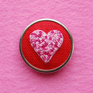 Hand Embroidered Pin - Heart 4 Pinks on Red