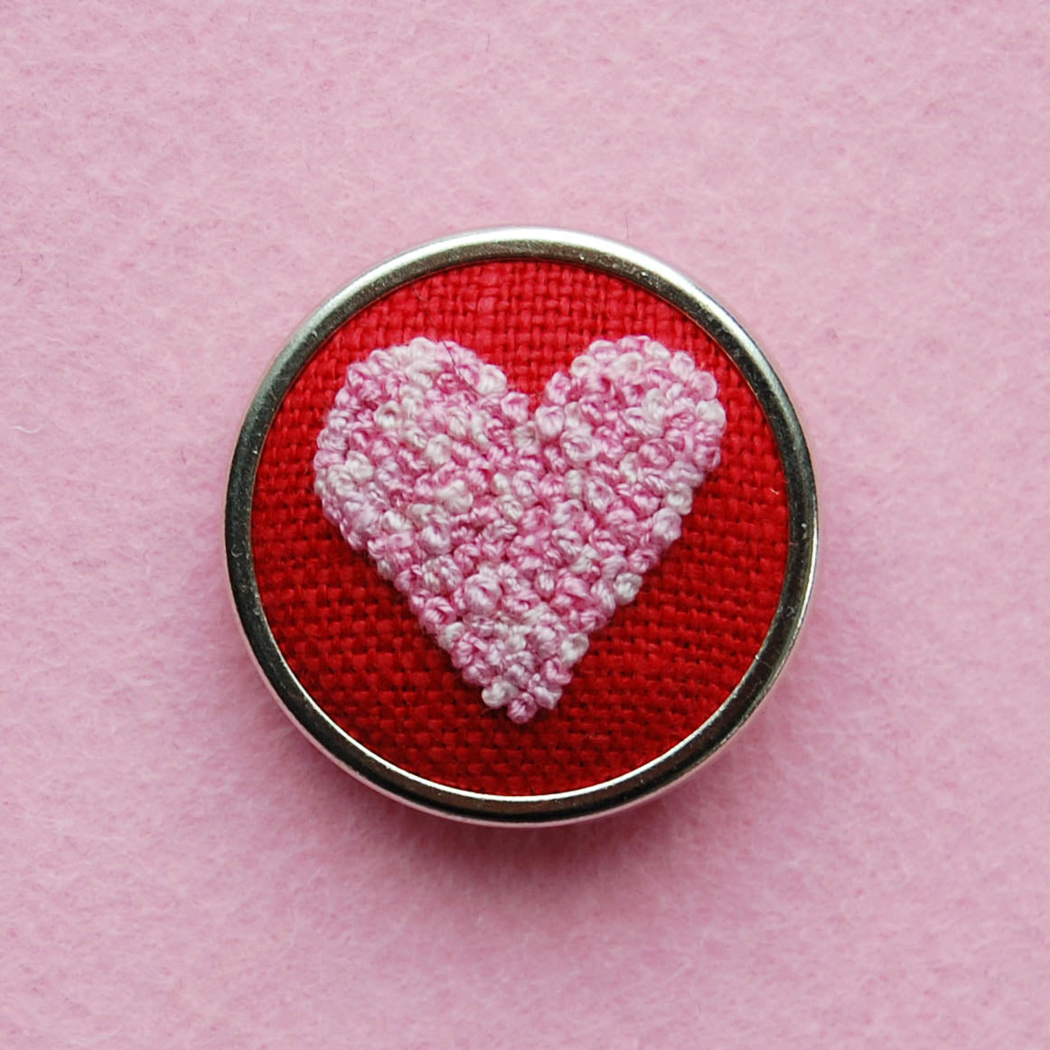 Hand Embroidered Pin - Heart 5 Pinks on Red