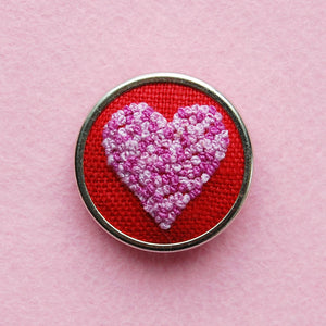 Hand Embroidered Pin - Heart 6 Pinks on Red