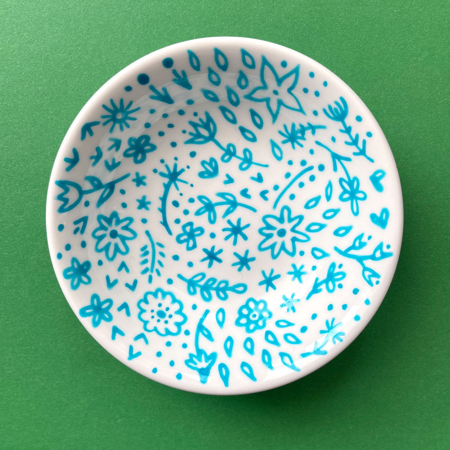 Turquoise Flowers - Hand Painted Porcelain Round Bowl