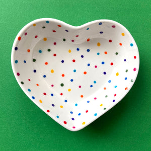 Rainbow Dot All Over 13 - Hand Painted Porcelain Heart Bowl