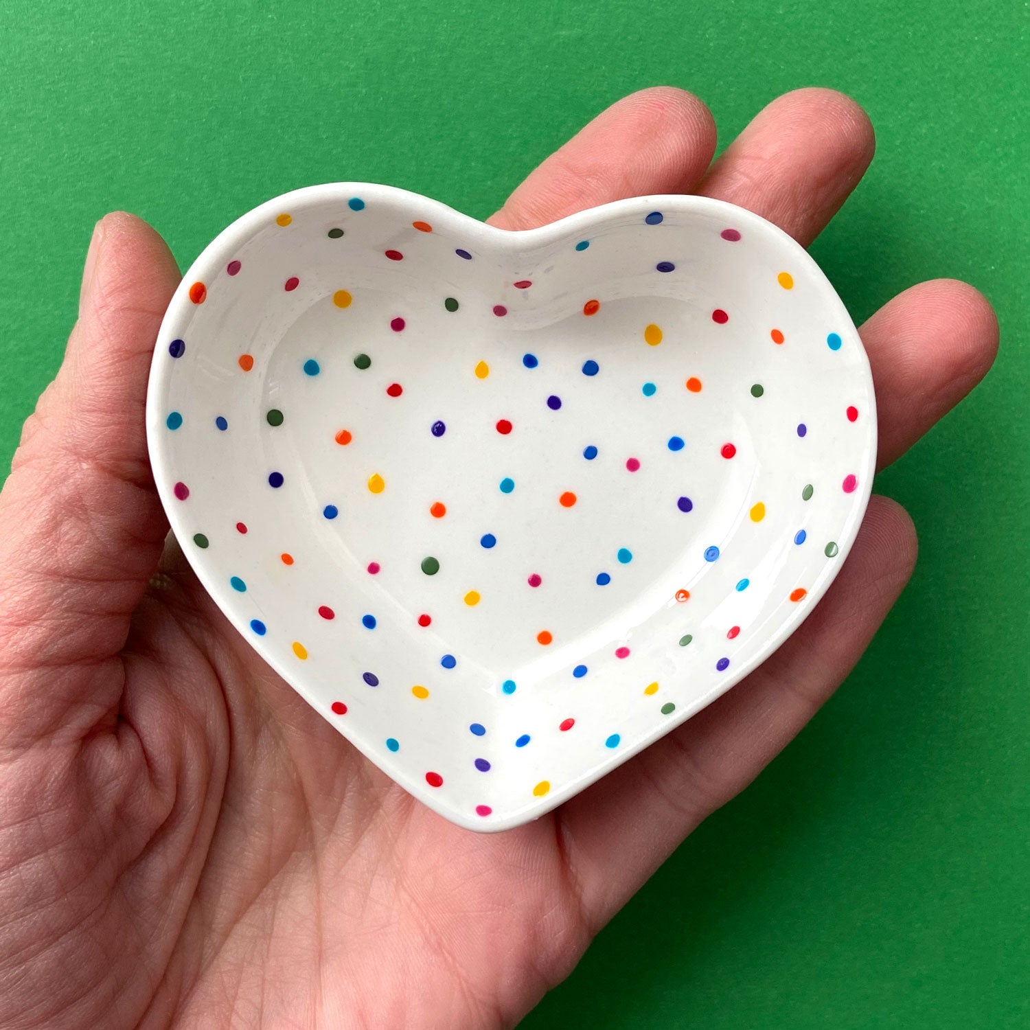 Rainbow Dot All Over 13 - Hand Painted Porcelain Heart Bowl
