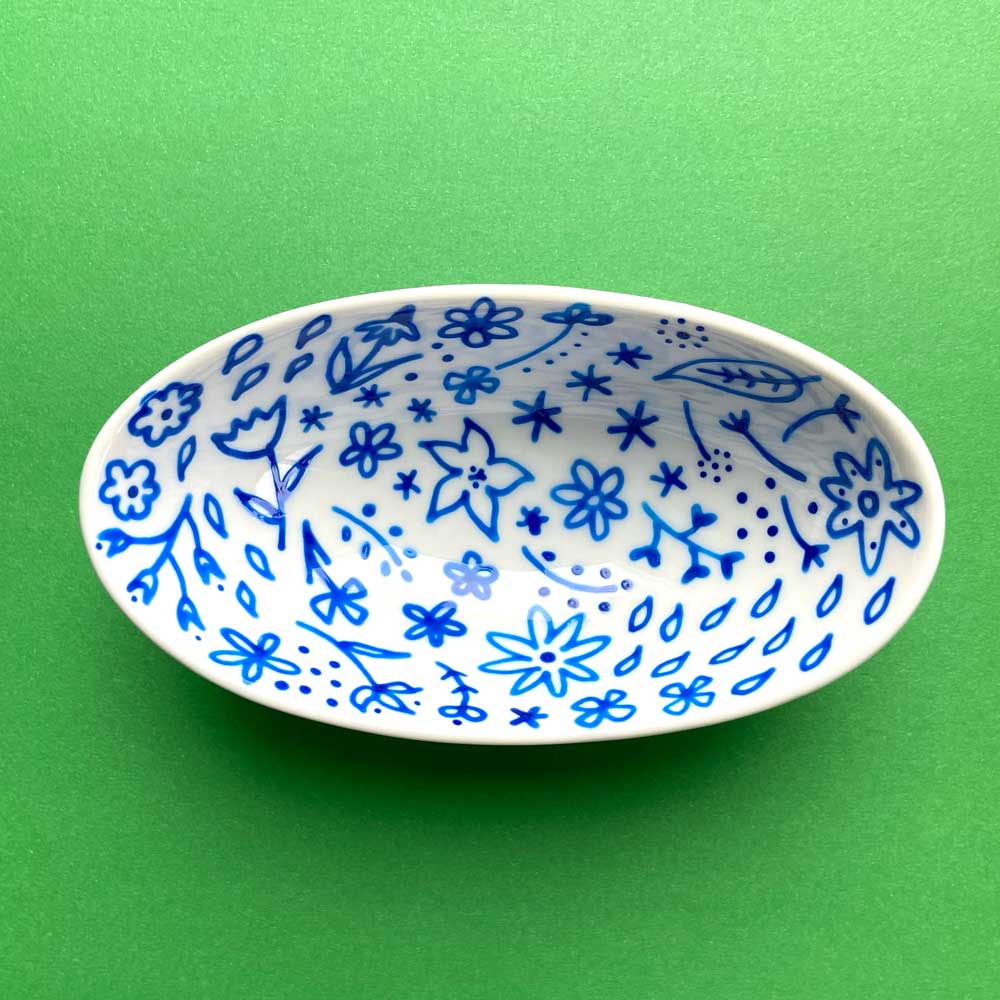Blue Floral 14 - Hand Painted Porcelain Oval Bowl