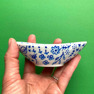 Blue Floral 14 - Hand Painted Porcelain Oval Bowl