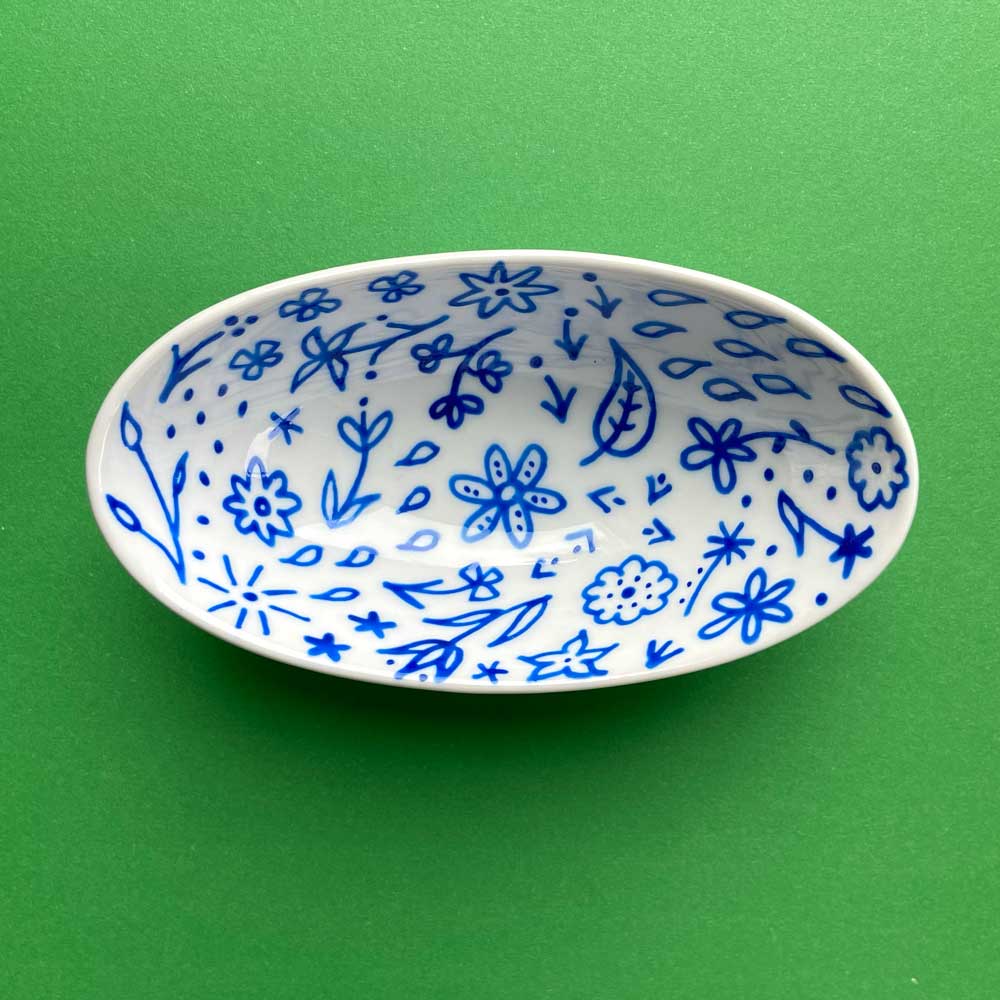 Blue Floral 15 - Hand Painted Porcelain Oval Bowl (Inside Only)