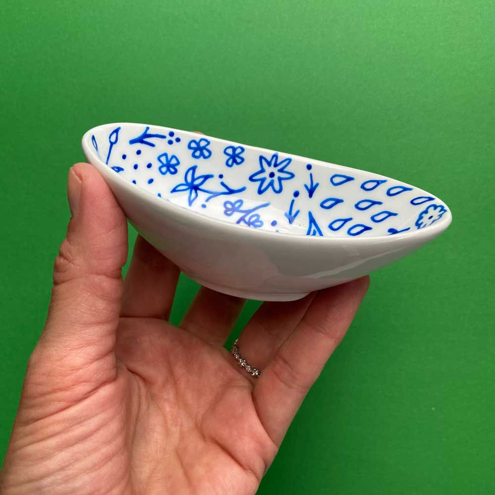 Blue Floral 15 - Hand Painted Porcelain Oval Bowl (Inside Only)