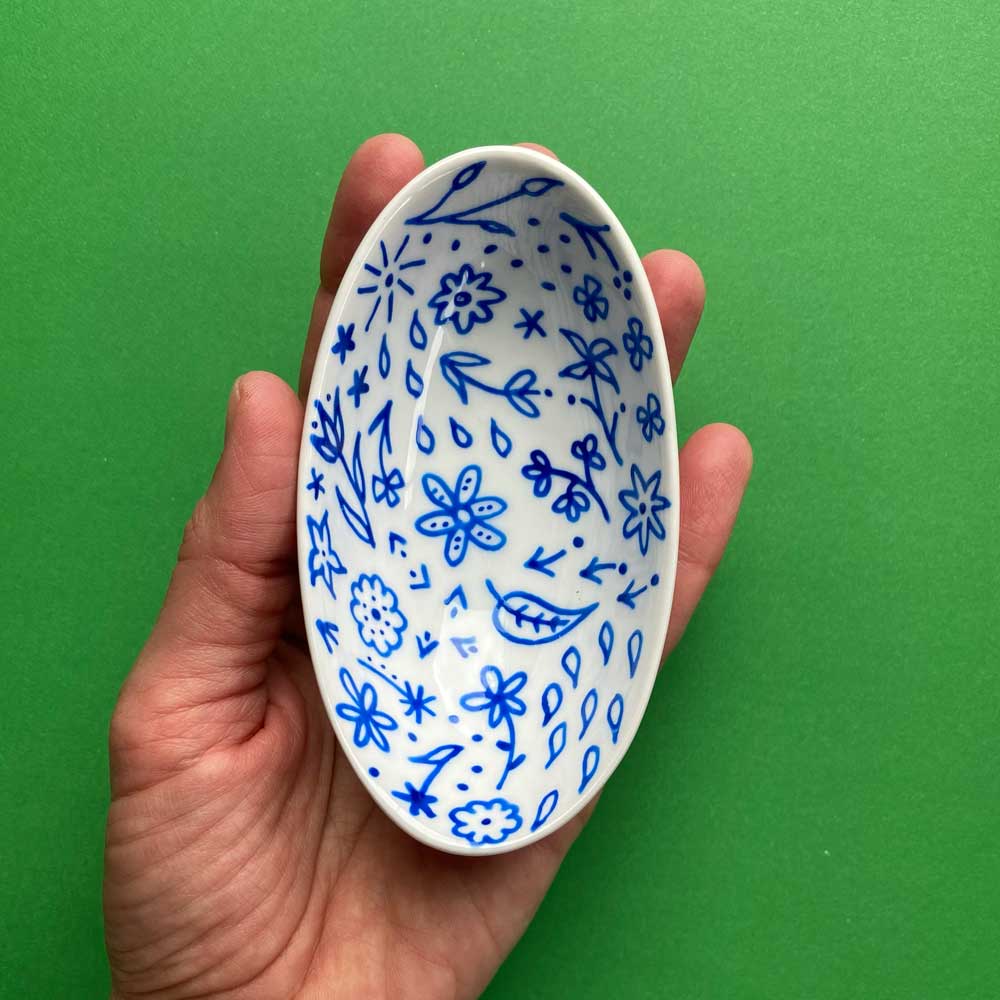 Blue Floral 15 - Hand Painted Porcelain Oval Bowl (Inside Only)