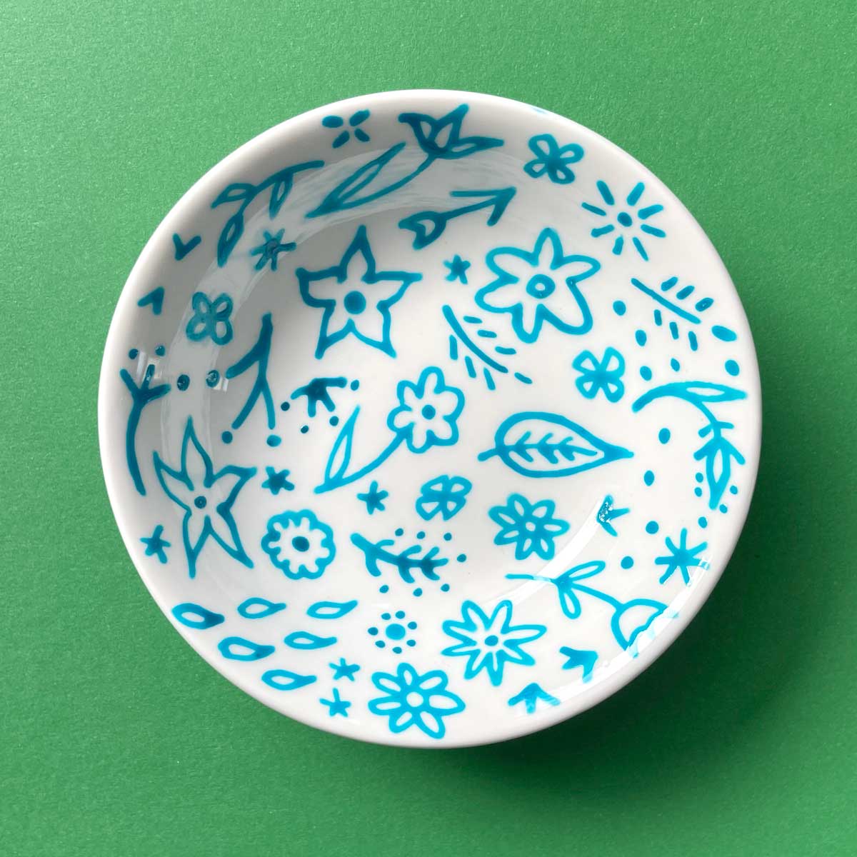 Turquoise Floral 20 - Hand Painted Porcelain Round Bowl
