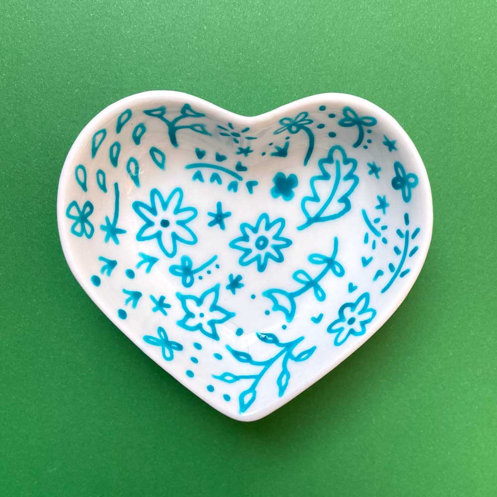 Turquoise Floral 21 - Hand Painted Porcelain Heart Bowl