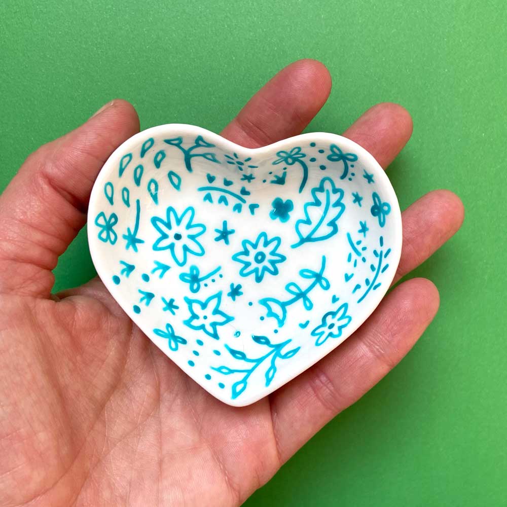 Turquoise Floral 21 - Hand Painted Porcelain Heart Bowl