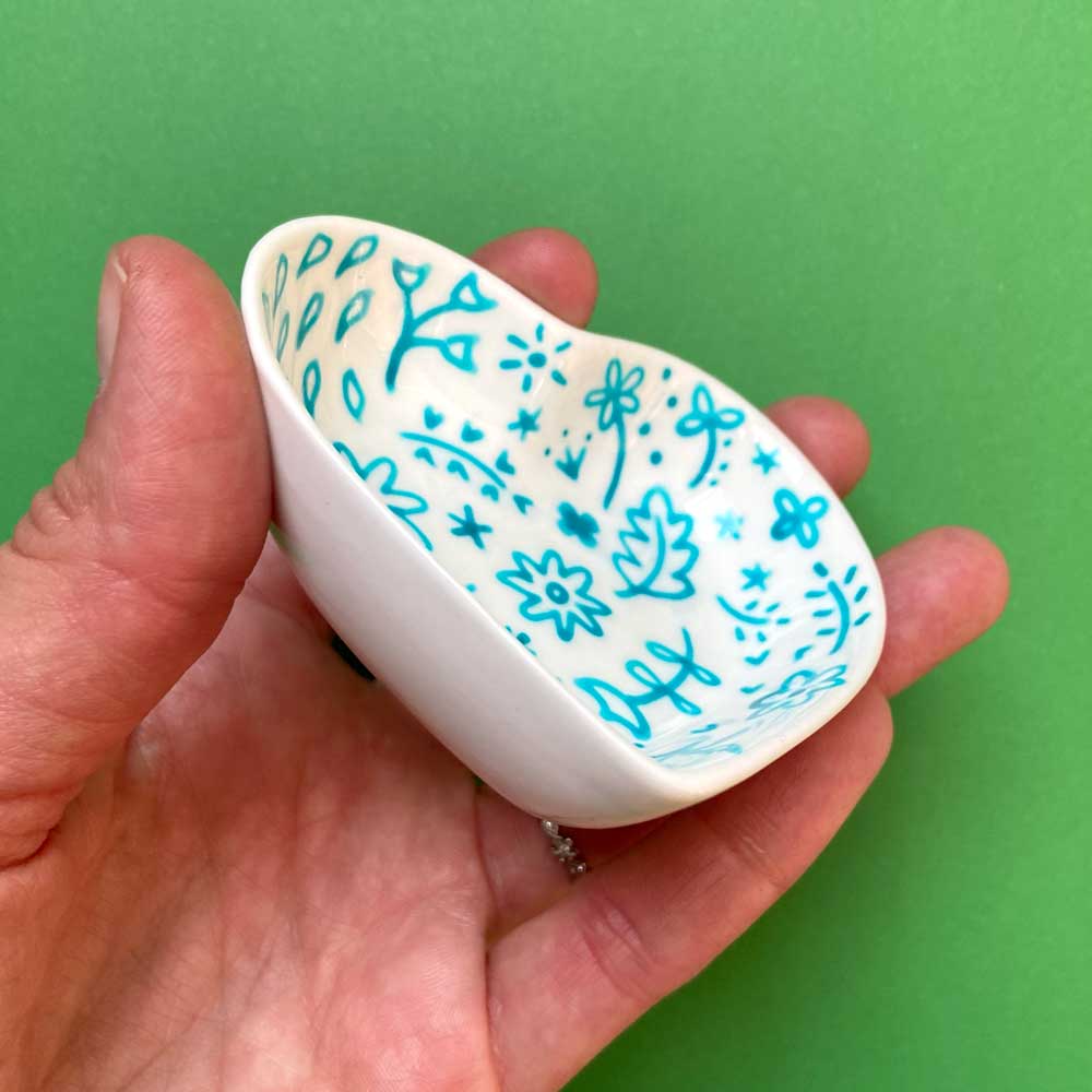 Turquoise Floral 21 - Hand Painted Porcelain Heart Bowl