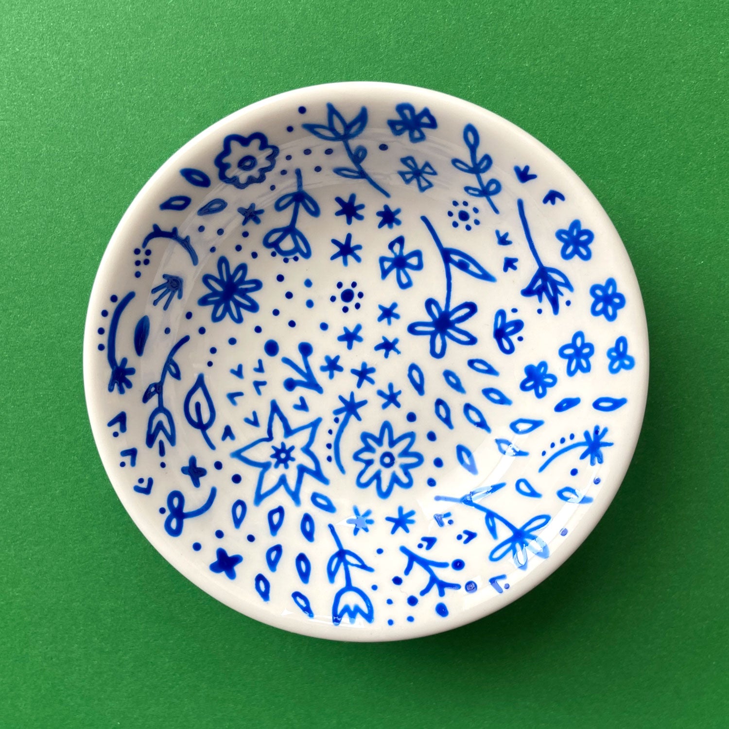 Blue Flowers All Over 5 - Hand Painted Porcelain Round Bowl