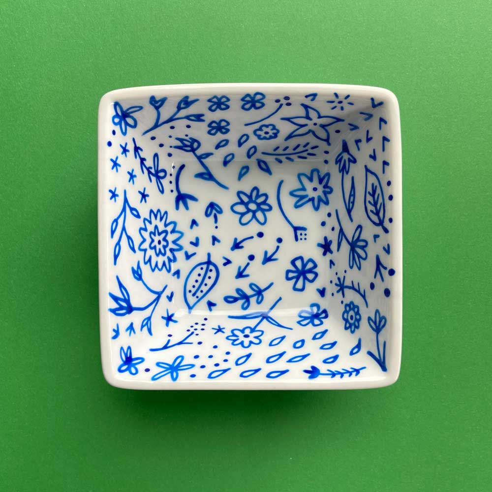 Blue Floral 91 - Hand Painted Porcelain Square Dish