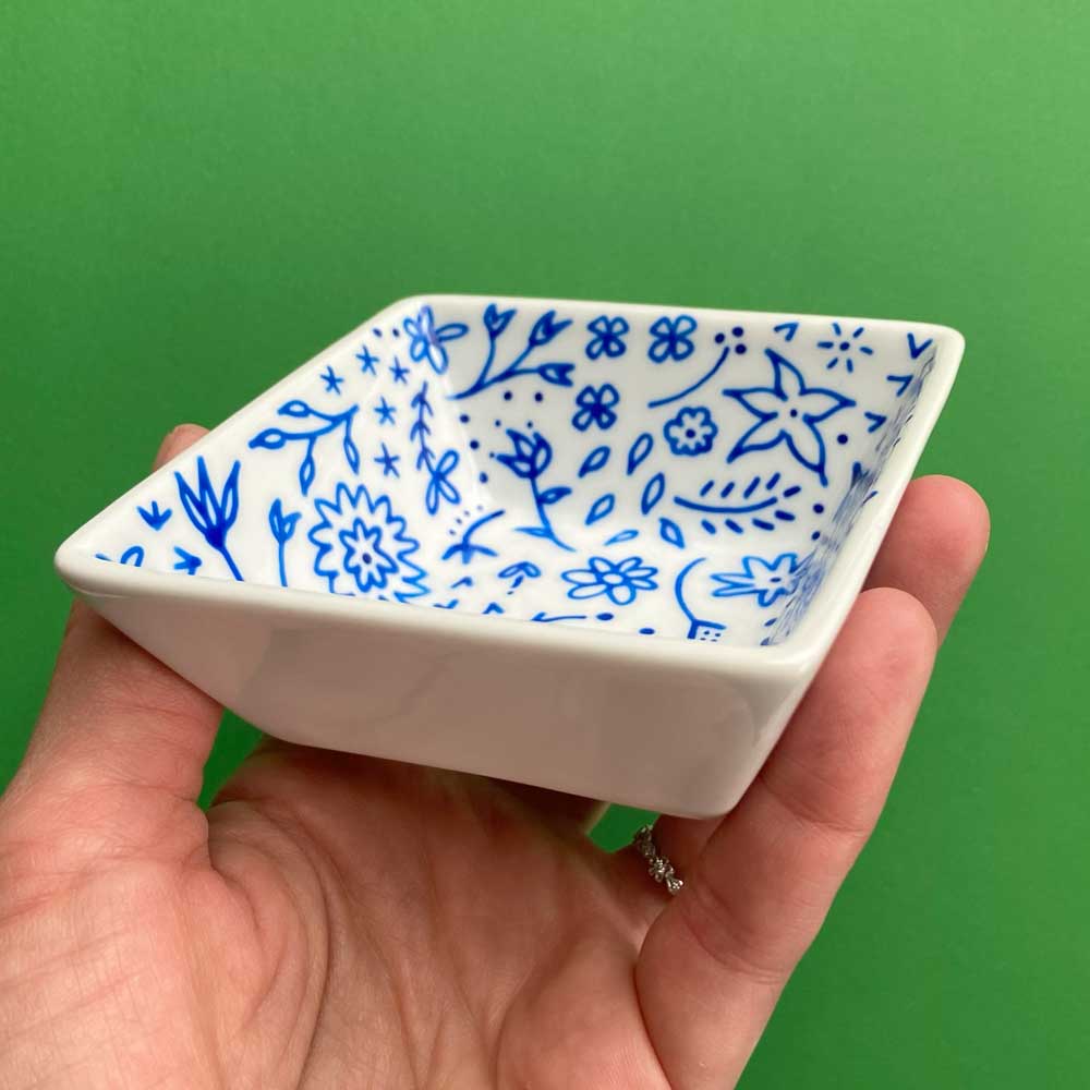 Blue Floral 91 - Hand Painted Porcelain Square Dish