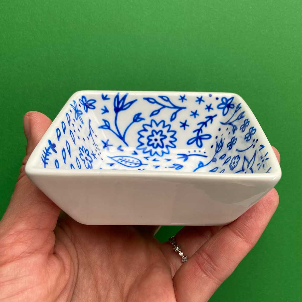 Blue Floral 91 - Hand Painted Porcelain Square Dish