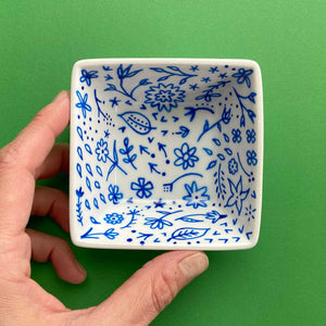 Blue Floral 91 - Hand Painted Porcelain Square Dish