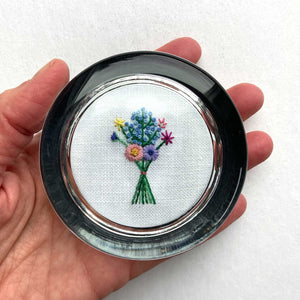 Bouquet with Blue Buds on White Linen Hand Embroidered Paperweight