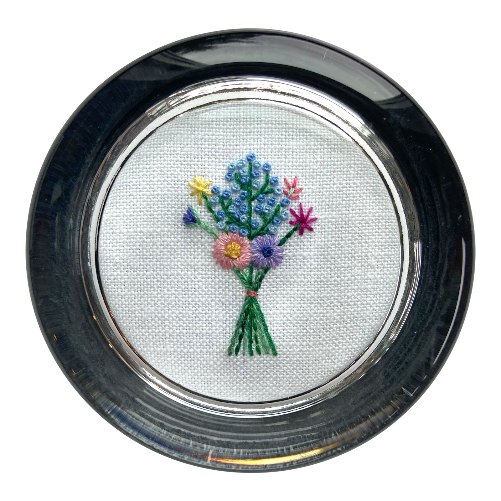 Bouquet with Blue Buds on White Linen Hand Embroidered Paperweight