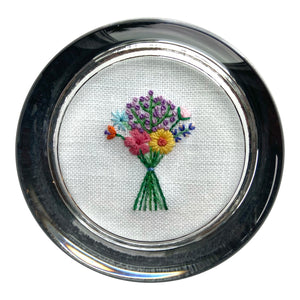 Bouquet with Purple Buds on White Linen Hand Embroidered Paperweight
