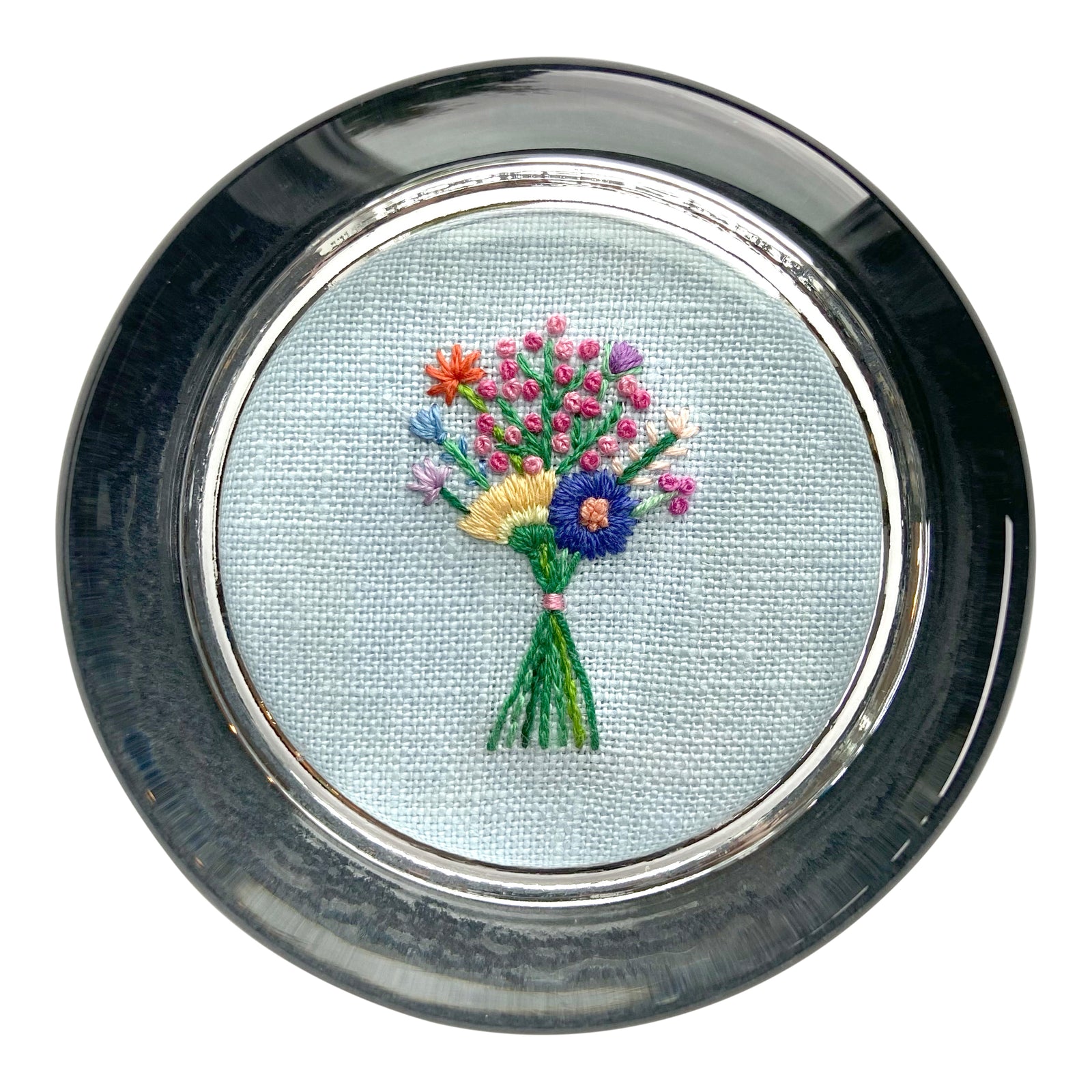 Bouquet with Pink Buds on Light Blue Linen Hand Embroidered Paperweight