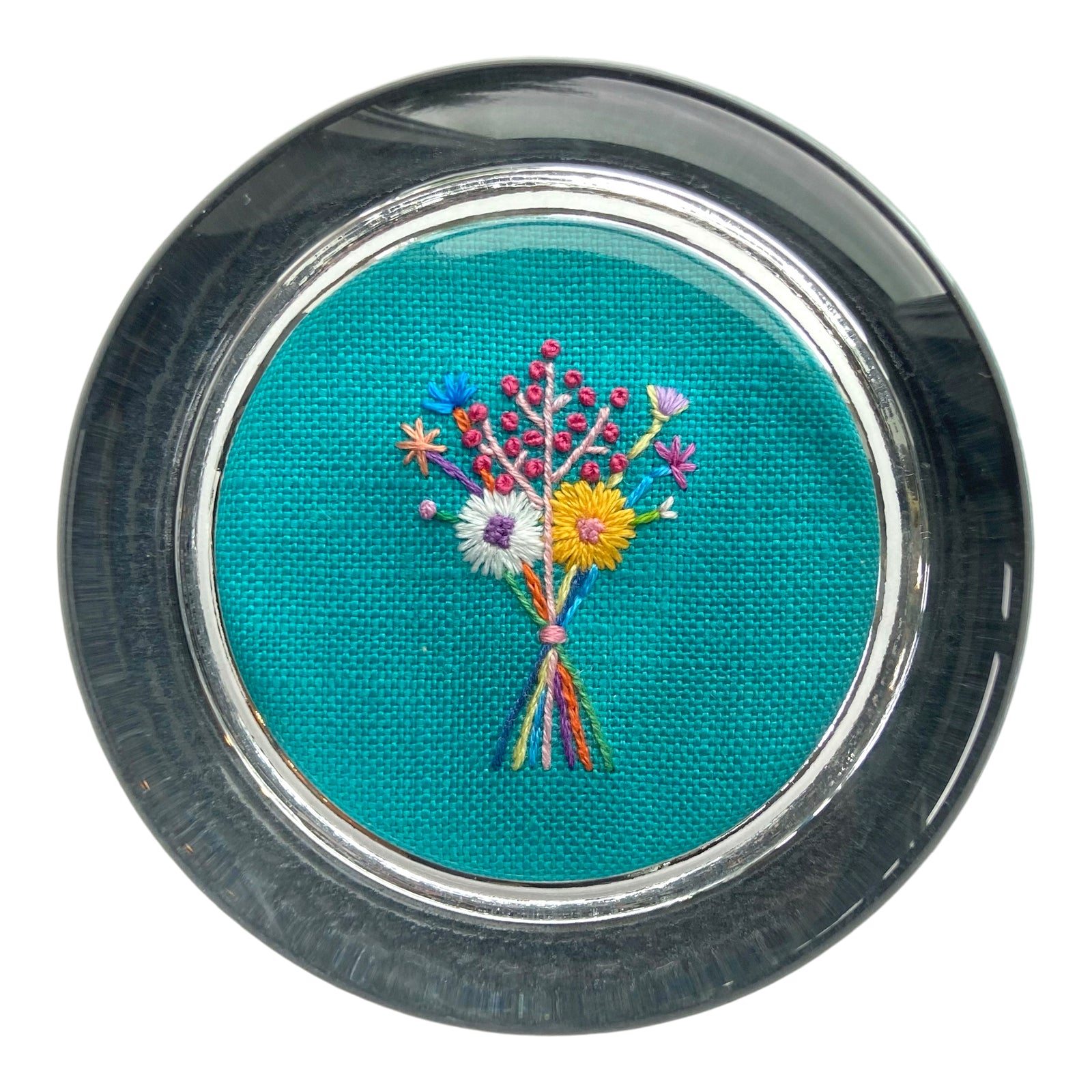 Bouquet with Pink Buds on Turquoise Linen Hand Embroidered Paperweight