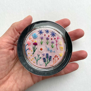 Rainbow Flowers on Pink Linen Hand Embroidered Paperweight