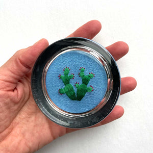 Prickly Pear Cactus on Blue Linen Hand Embroidered Paperweight