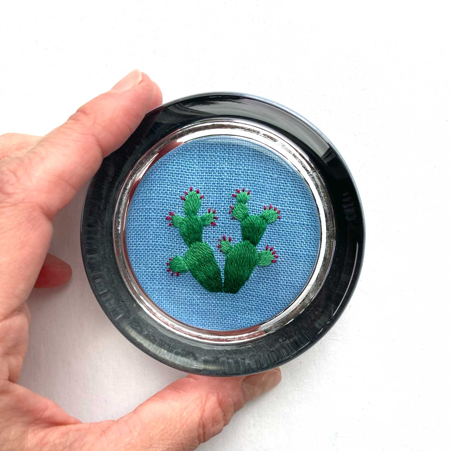 Prickly Pear Cactus on Blue Linen Hand Embroidered Paperweight
