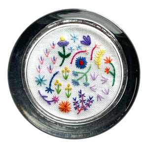 Rainbow Flowers on White Linen Hand Embroidered Paperweight