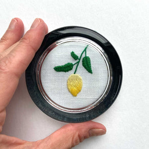 Lemon Branch on White Linen Hand Embroidered Paperweight