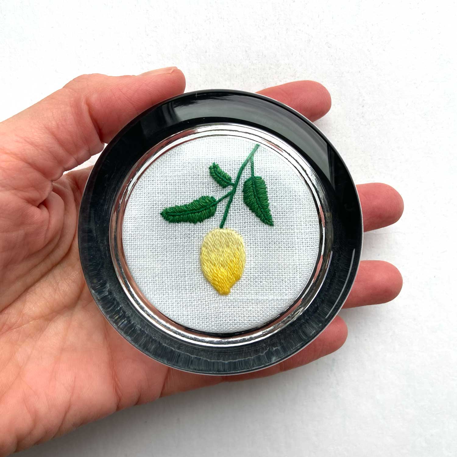 Lemon Branch on White Linen Hand Embroidered Paperweight