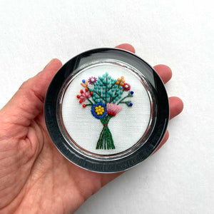 Beaded Bouquet with Turquoise Buds on White Linen Hand Embroidered Paperweight