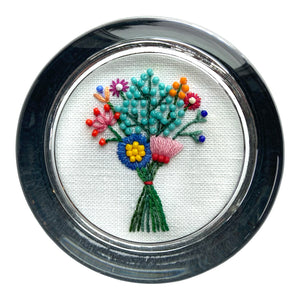 Beaded Bouquet with Turquoise Buds on White Linen Hand Embroidered Paperweight