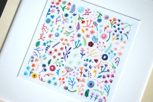 Rainbow Flowers Field (7.00") on White Linen Hand Embroidered Art
