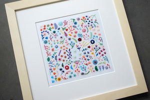 Rainbow Flowers Field (7.00") on White Linen Hand Embroidered Art