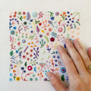 Rainbow Flowers Field (7.00") on White Linen Hand Embroidered Art