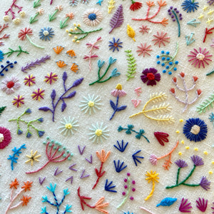 Rainbow Flowers Field (7.00") on White Linen Hand Embroidered Art
