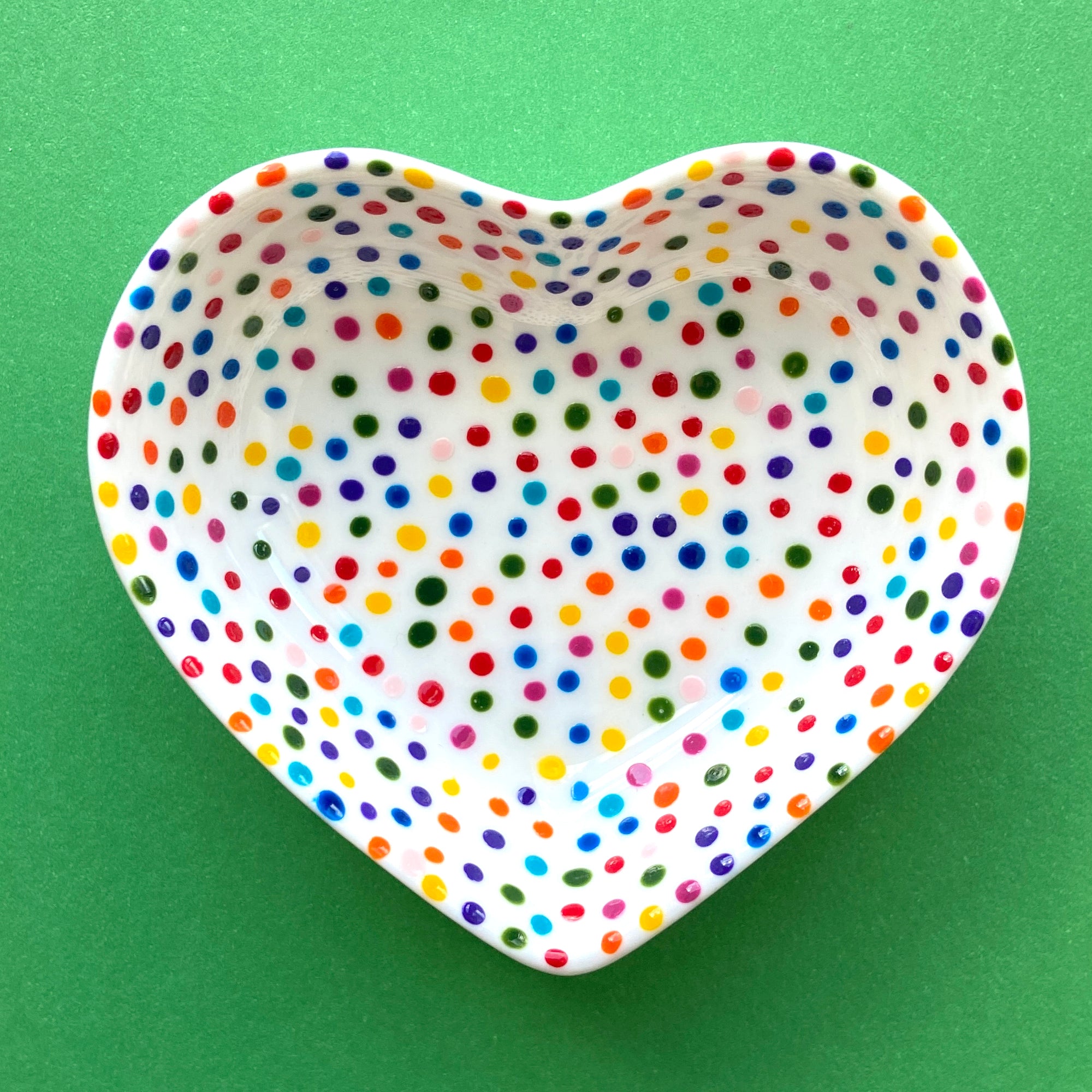 Rainbow Dot All Over 2 - Hand Painted Porcelain Heart Bowl