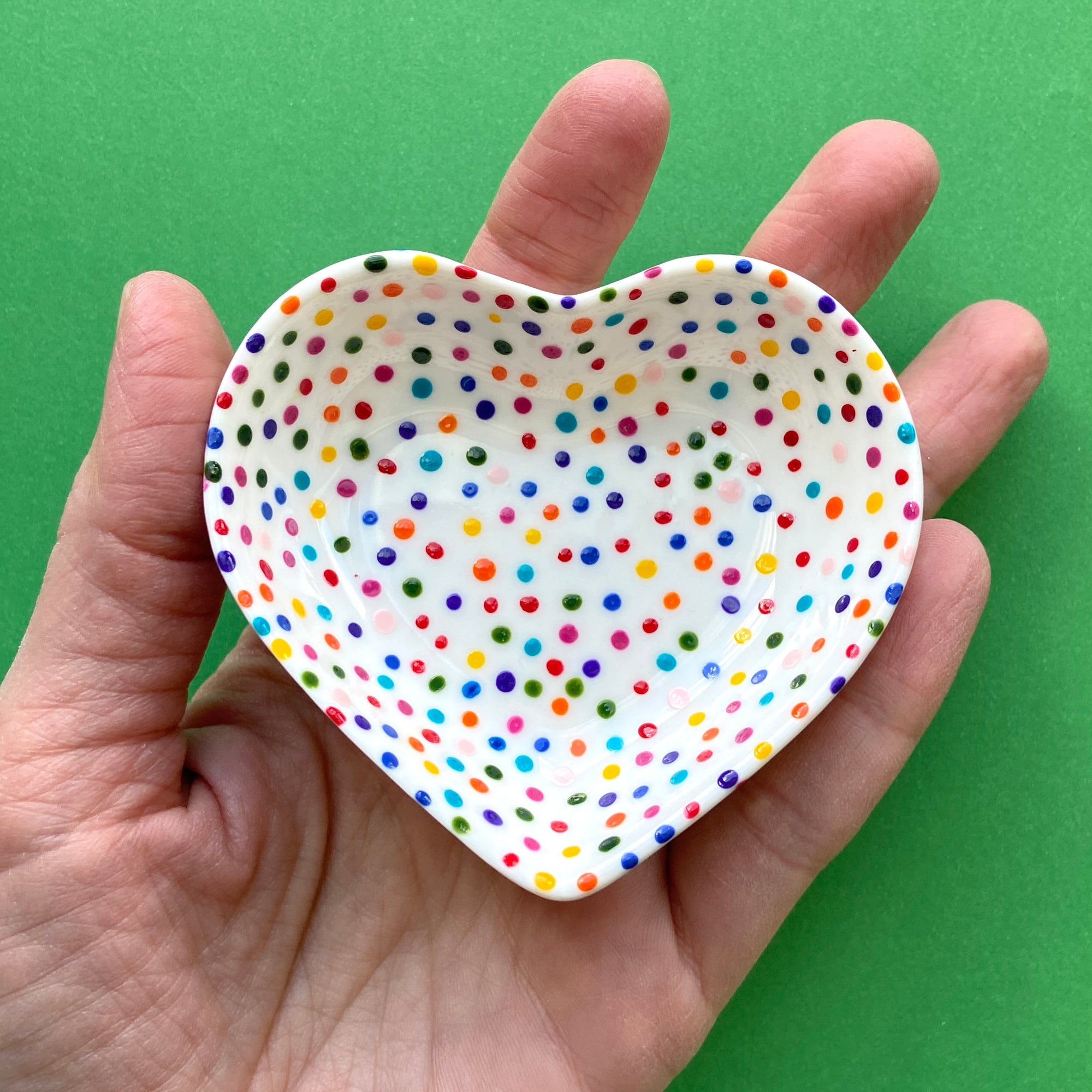 Rainbow Dot All Over 2 - Hand Painted Porcelain Heart Bowl