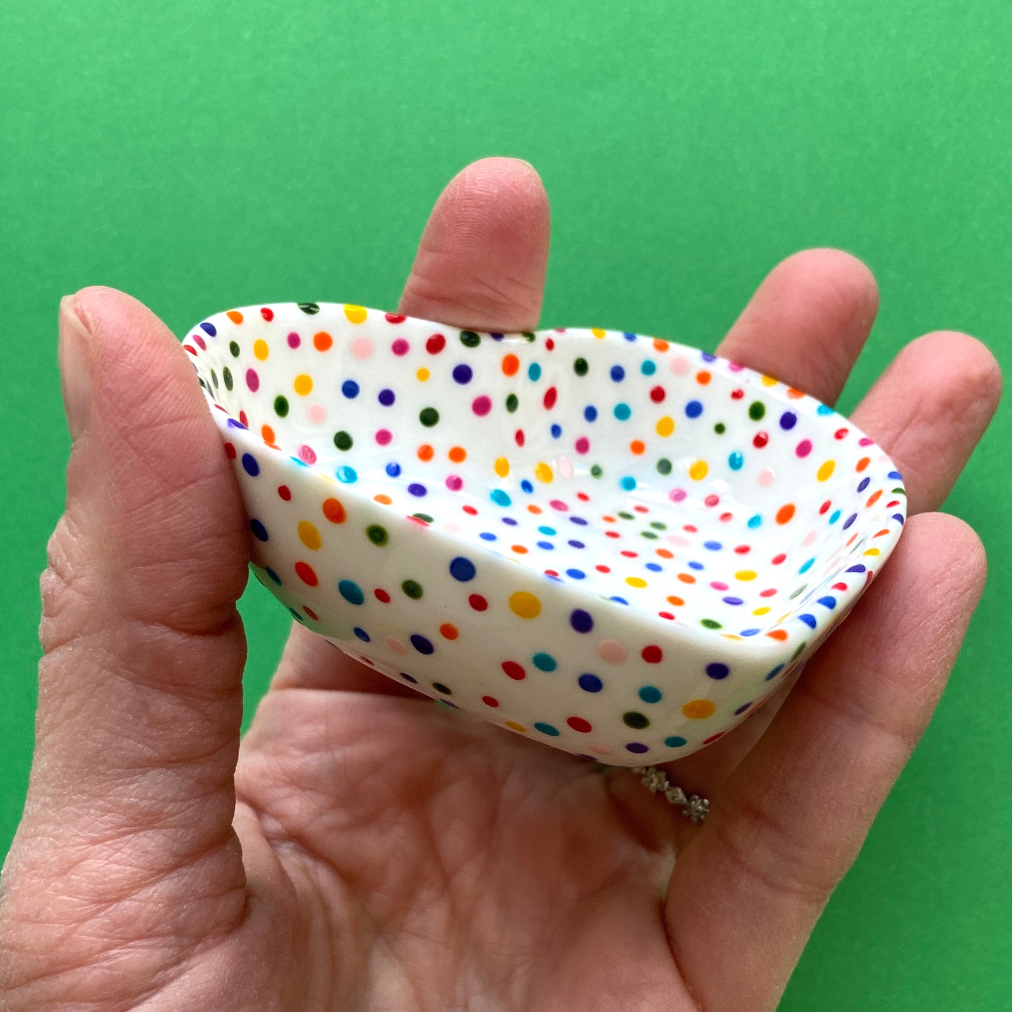 Rainbow Dot All Over 2 - Hand Painted Porcelain Heart Bowl