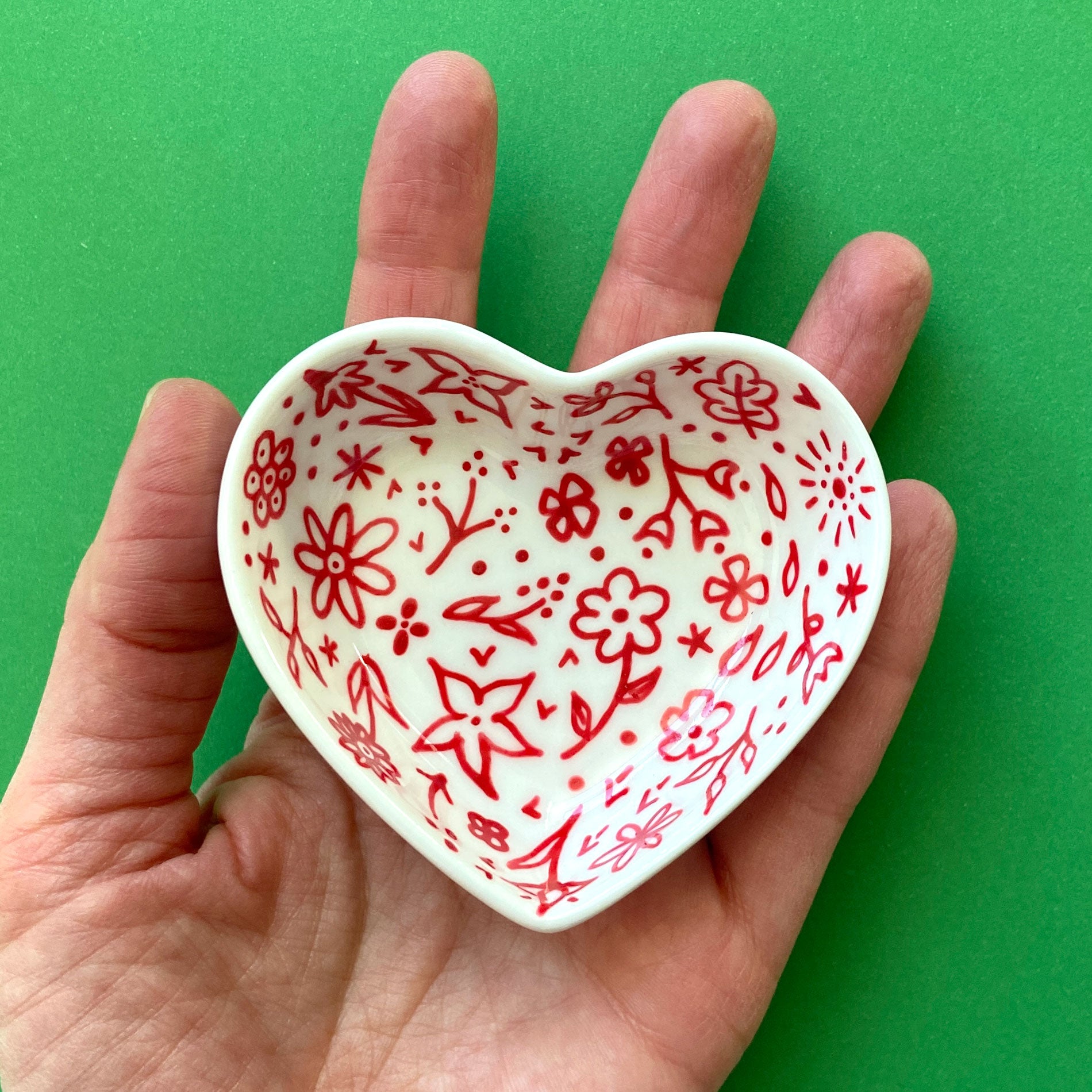Red Floral with Dots - Hand Painted Porcelain Heart Bowl