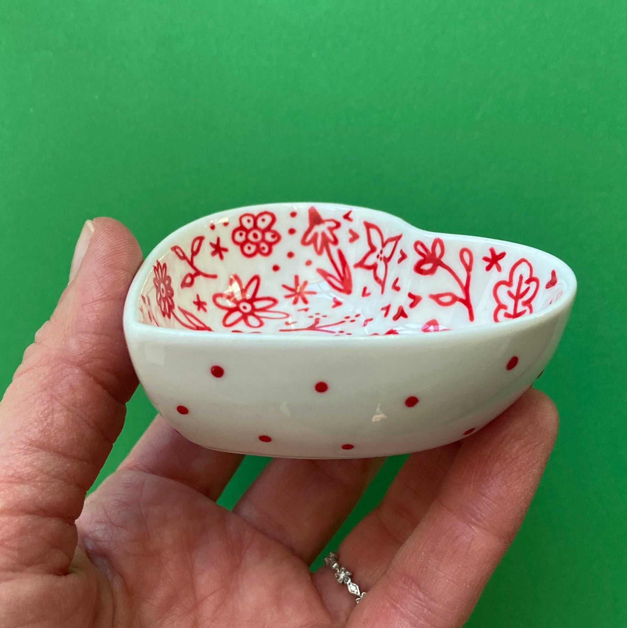 Red Floral with Dots - Hand Painted Porcelain Heart Bowl