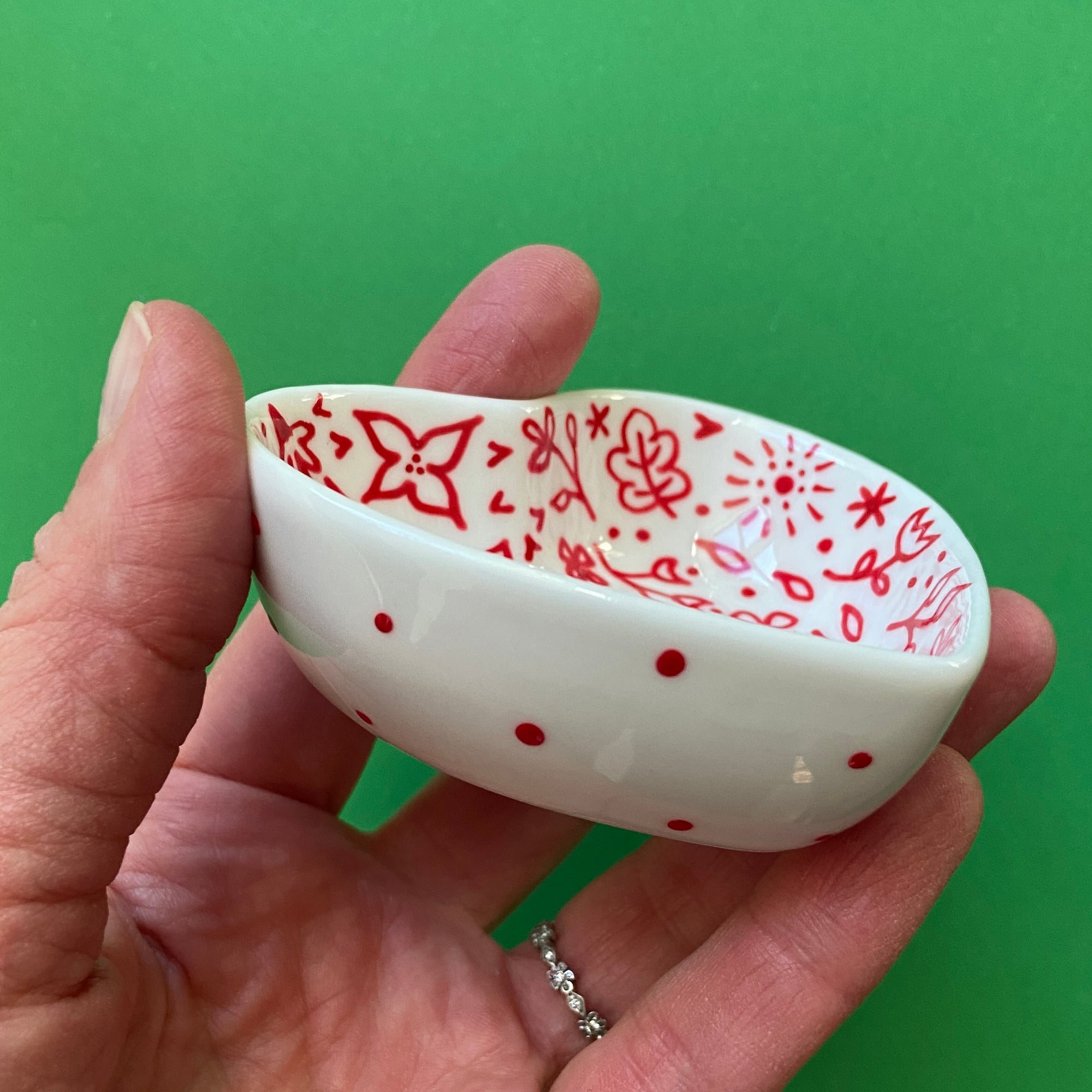 Red Floral with Dots - Hand Painted Porcelain Heart Bowl
