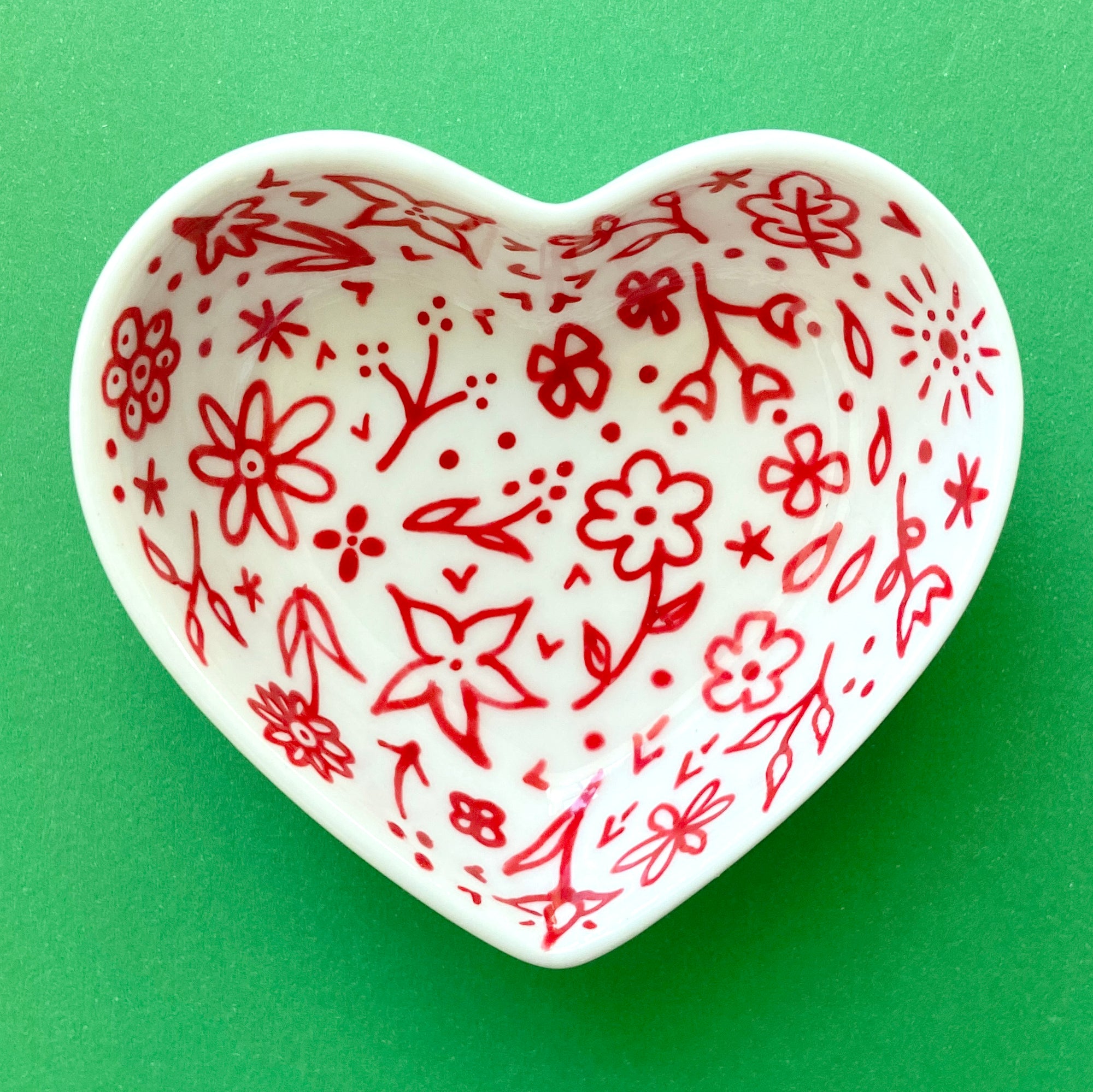 Red Floral with Dots - Hand Painted Porcelain Heart Bowl