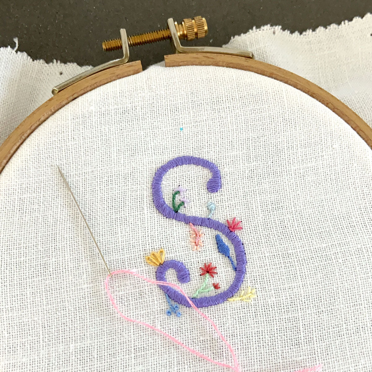 "S" Hand Embroidered Floral Monogram Art