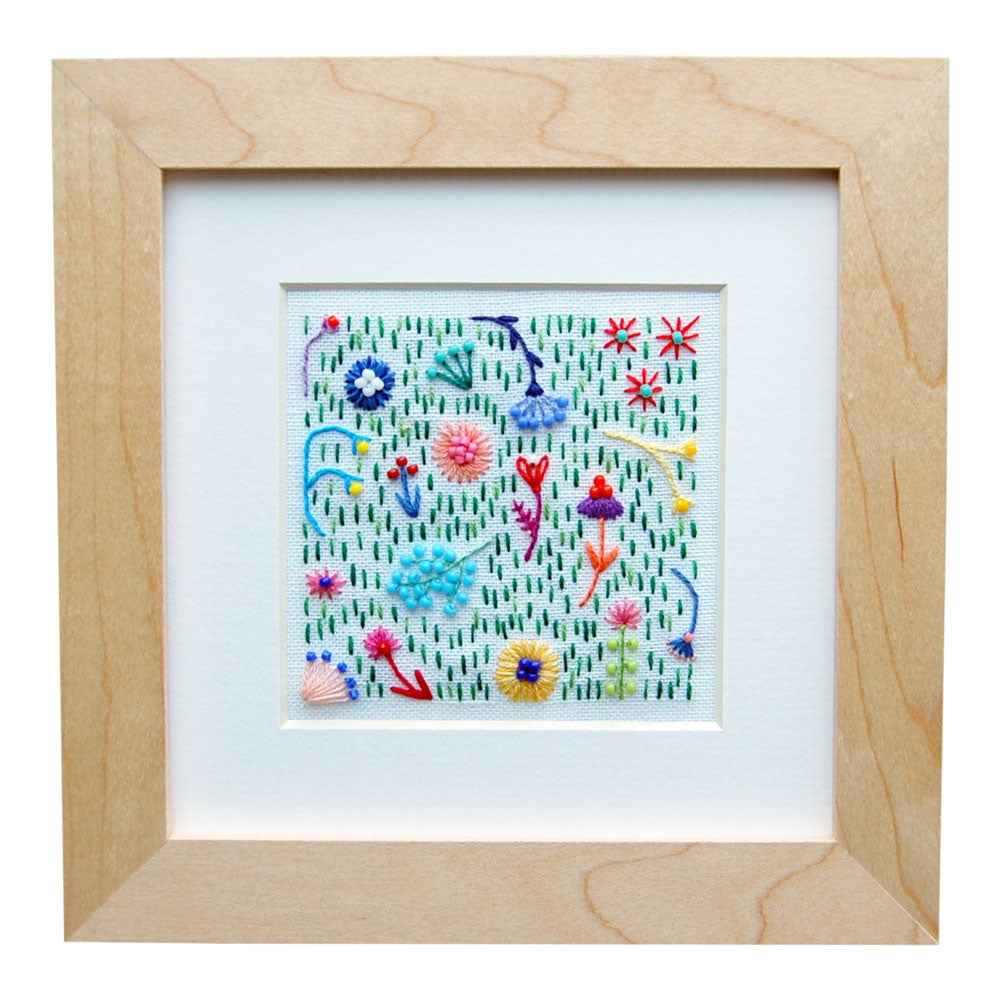 Beaded Rainbow Flower Field (3" Square) on White Linen Hand Embroidered Art